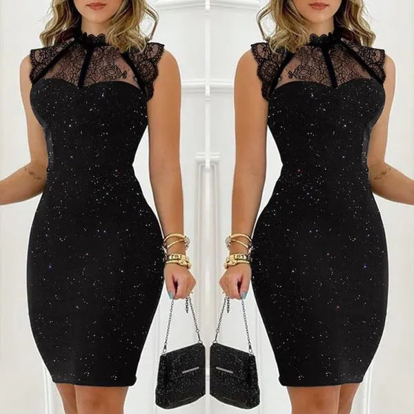 Women's Fashion Black Paillette Sleeveless Lace Short Tight Dress