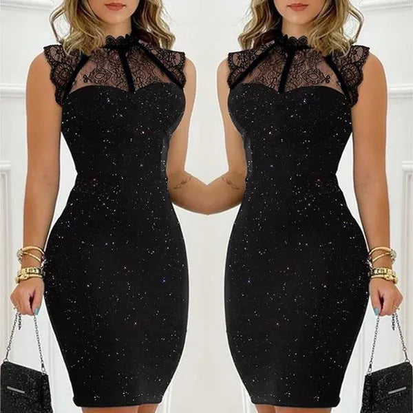 Women's Fashion Black Paillette Sleeveless Lace Short Tight Dress