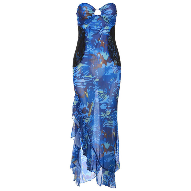 Women's Fashion Bandeau Sheer Mesh Floral Print Slit Dress Women